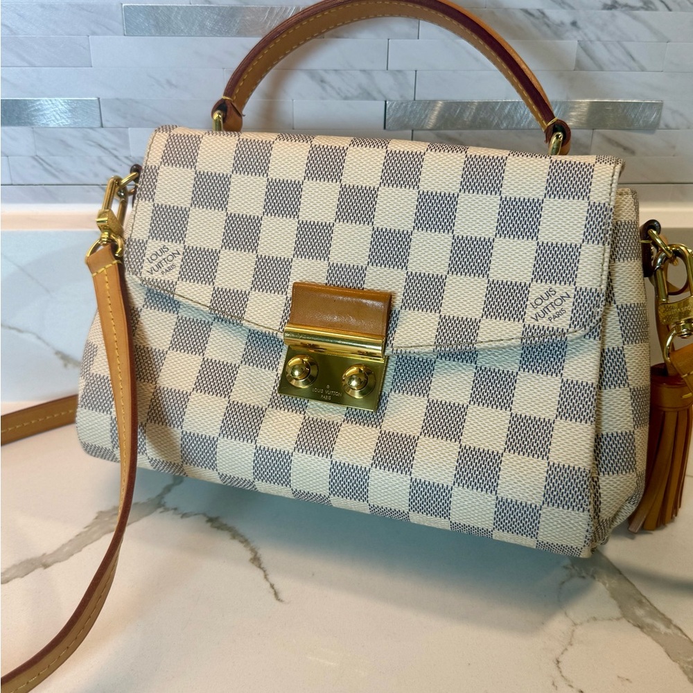 Top-Handle Checkerboard Satchel Bag in Beige and Tan - Picture 2 of 13